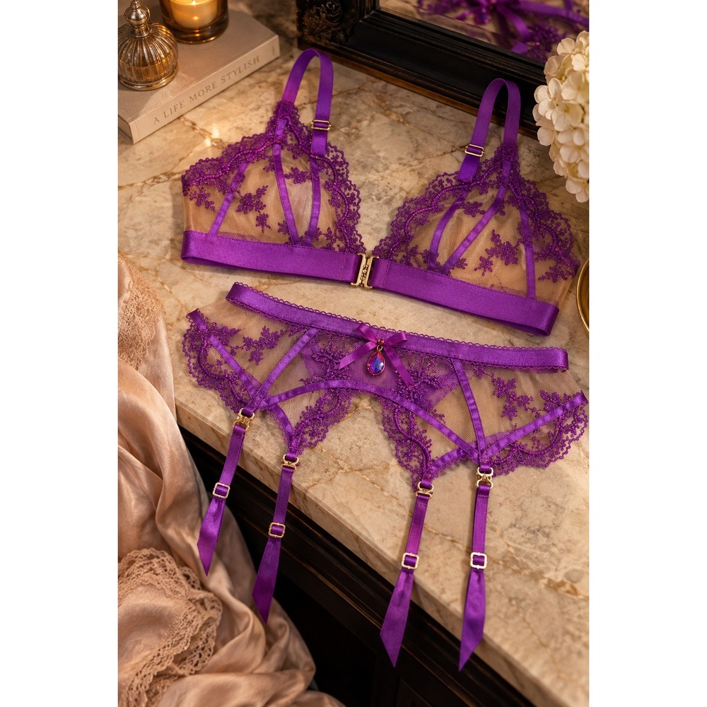 NWT Honey Birdette Madison Amethyst Lace Bra Suspender Belt Lingerie Set Small